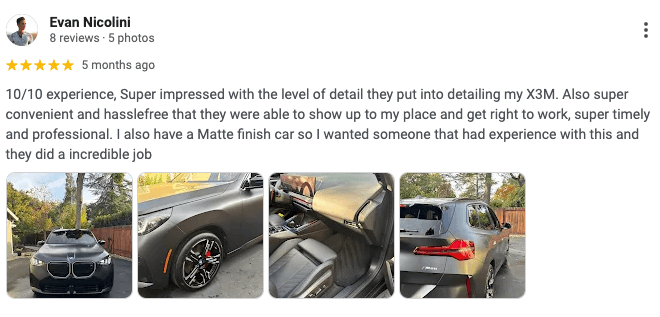 5-star Google review from Evan Nicolini for Gold Grade Mobile Detailing