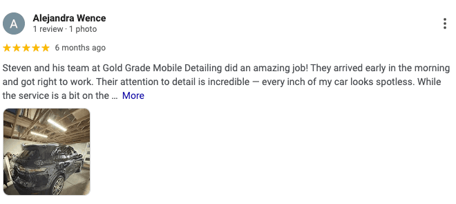 5-star Google review from Alejandra Wence for Gold Grade Mobile Detailing